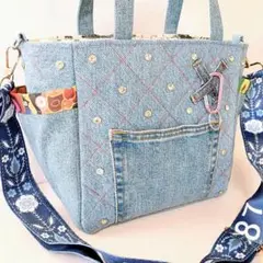 ❤ショルダー＆サイドポケット付き トートバッグ デニムリメイク ハンドメイド