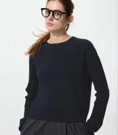 UNIQLO ミニケーブルクルーネックセーター/ウォッシャブル NAVY L
