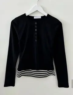 レイヤード ボタンストライプラウンドネック 長袖Tシャツ