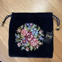 FELLER 花柄刺繍 巾着ネイビー