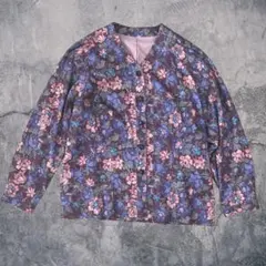 トップス　長袖　ノーカラー　ジャケット　花柄　レディース　パープル　秋　冬