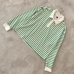 H&M DIVIDED ボーダー ラガーシャツ M ホワイト×グリーン