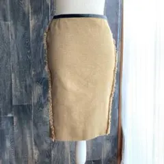 Drawer 美品 タイトスカート リネン×ウールブレンド フリンジ キャメルのサムネイル