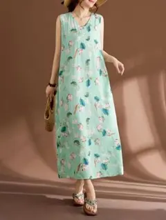 Vネック 大きいサイズ ロング丈 ジャンパースカート プリント 清新 フリー