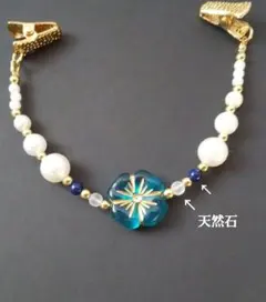 ハンドメイド 青い花のストール、ショール、羽織紐クリップ