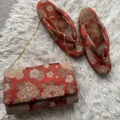 草履＆バッグセット　一度使用と未使用品　朱色菖蒲花柄　オーダー仕立て品