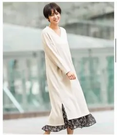 Discoat ワッフルサーマル裾スリットワンピース　エクリュ