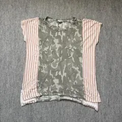【匿名発送】Made in USA 迷彩×ストライプ切替トップス M