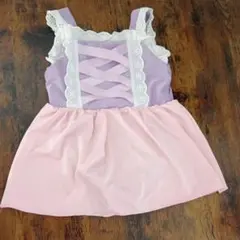 【100】キッズ 女の子用ワンピース水着 パステルカラー リボン　ピンク　レース