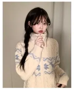 韓国製 ノルディック柄ジップニット ウール アイボリー×ライトブルー