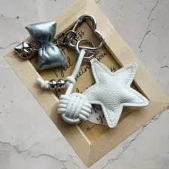 じゃらじゃらキーホルダー　バッグチャーム　キーホルダー　レザー　白　シルバー　星