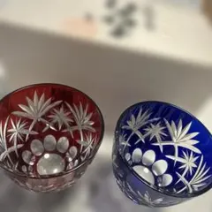 江戸切子 鍋谷淳一作 廣田硝子 切子ペアグラス 赤青 クリスタル 箱付