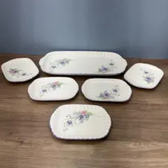 E-1 花柄 プレート 6点セット 大皿1枚 小皿5枚 紫 パープル 盛り皿