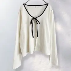 美品 ルティーク 配色 リブ カーディガン 長袖 リボン 羽織り 3L《c21