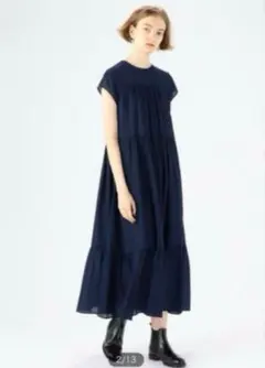 ネイビー 半袖 ロングワンピース ティアード