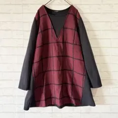PISANO ピサーノ ニット チュニック（XL）黒 ボルドー チェック 切替