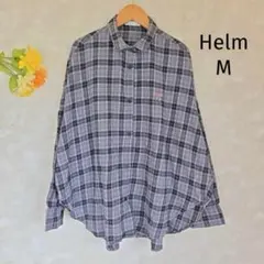 헬름 Helm 넬셔츠 M 타탄 체크 그레이 긴팔 리본 자수