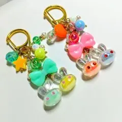 うさぎビーズ パステルリボン キーホルダー ２点セット