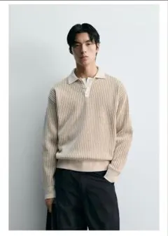 ZARA　シュニールニットポロシャツ　長袖　M　美品のサムネイル