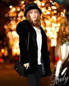 Rady フード付き ファーコート ブラック 黒 ミドル ロング フェイクファー