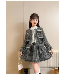 キッズ入学式スーツ2点セット小学校150卒園式ブラック黒ツイード女の子リボン韓国