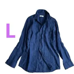 ユニクロ　プレミアムリネン　ネイビー リネン ボタンダウン 長袖シャツ　L