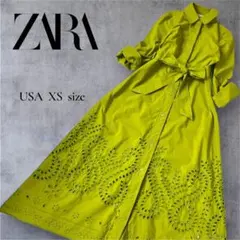 ZARA ザラ S〜Ｍサイズ グリーン 刺繍 シャツワンピース ロングワンピース