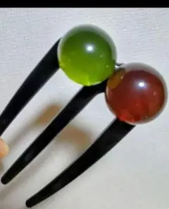 お団子風かんざし 緑✕茶色 U型かんざし トレス 着物かんざし 可愛い髪飾り