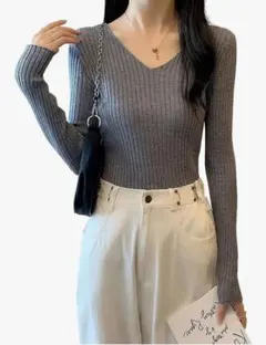 新品❤️リブニット レディース Vネック 薄手 長袖 秋冬 グレー フリーサイズ