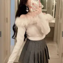 GRL ファー付きオフショルダーニットトップス　アイボリー　Lサイズ