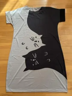 猫プリント 半袖ひざ丈ワンピース M.L