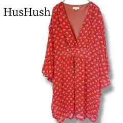 美品 ハッシュアッシュ チュニック 2 M レッド 総柄 花柄 七分袖