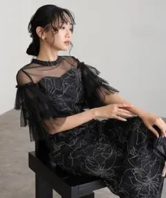 フラワーラメ刺繍 レース チュール フリル袖 オケージョンパーティードレス M