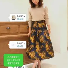RANDA　ドレスジャガードフレアスカート　ネイビー×オレンジゴールド1