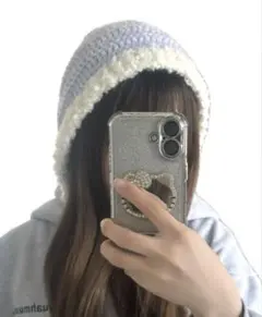 ハンドメイド もこもこフード帽 バラクラバ ラベンダー×ホワイト