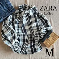 ZARA ザラ ボウタイ リボン チェック ボリューム　ブラウス シャツ