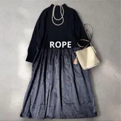 ROPE 異素材ドッキングワンピース 長袖　ニット　ハイネック　ネイビー