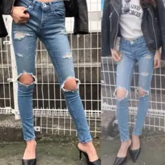 GYDA スクエアKNEEダメージスキニーデニム M