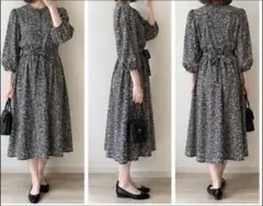 小花柄 ロングシャツワンピース ブラックL