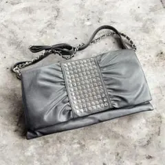【美品】スタッズ ギャザー ショルダーバッグ チェーン クラッチ 2way 黒