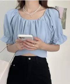 ボリュームスリーブバックリボンショート丈2WAY半袖トップス/短丈ブラウス