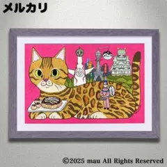 原画「猫の背中に何かある〜南極大陸 ペンギン」猫/白猫/イラスト
