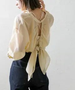 mystic バックリボンストライプシャツ シアー イエロー 2way 羽織り