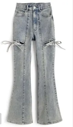 サイドカットアウトリボンフレアデニムパンツ[cu578]