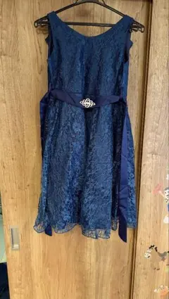 ネイビーブルー レースドレス ウエストリボン付き