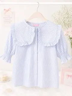 【タグ付未使用】W♡C フリル ストライプブラウス 半袖 水色 ガーリー 量産型のサムネイル