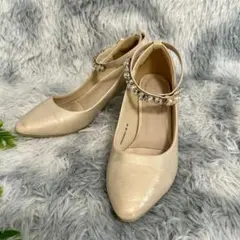 【良品】RANDA パールビジュー アンクルストラップ パンプス M ベージュ