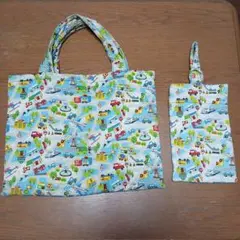 子供用手提げバッグセット　裏表別柄 乗り物・キャラクター柄