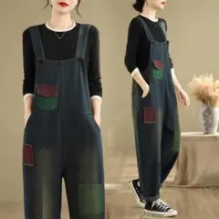 サロペット オーバーオール 刺繍 レトロ 着痩せ デニム テーパードパンツ