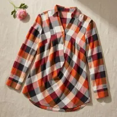 【ESPIE】チェック柄 ドレープ カシュクール チュニック シャツ【38】のサムネイル